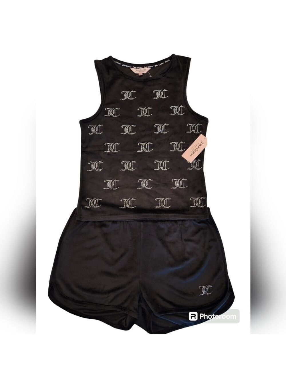 Juicy Couture 2 Piece Tank Top Shorts Set, Black Velour, Iconic Studded JC, NWT